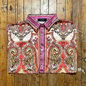 Akira Tank Top Women's M Multi Paisley Cropped Sleeveless Collared Button Down